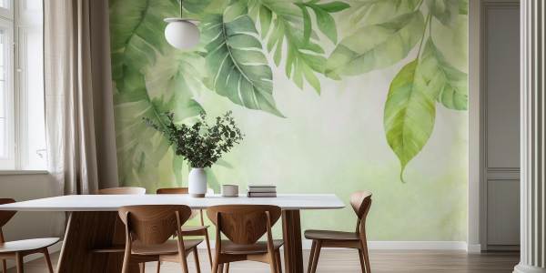 25 Inspirasi Wallpaper Ruang Makan Idaman Yang Elegan 11 ruang makan wallpaper Hijau Daun yang Segar Tapi Kalem